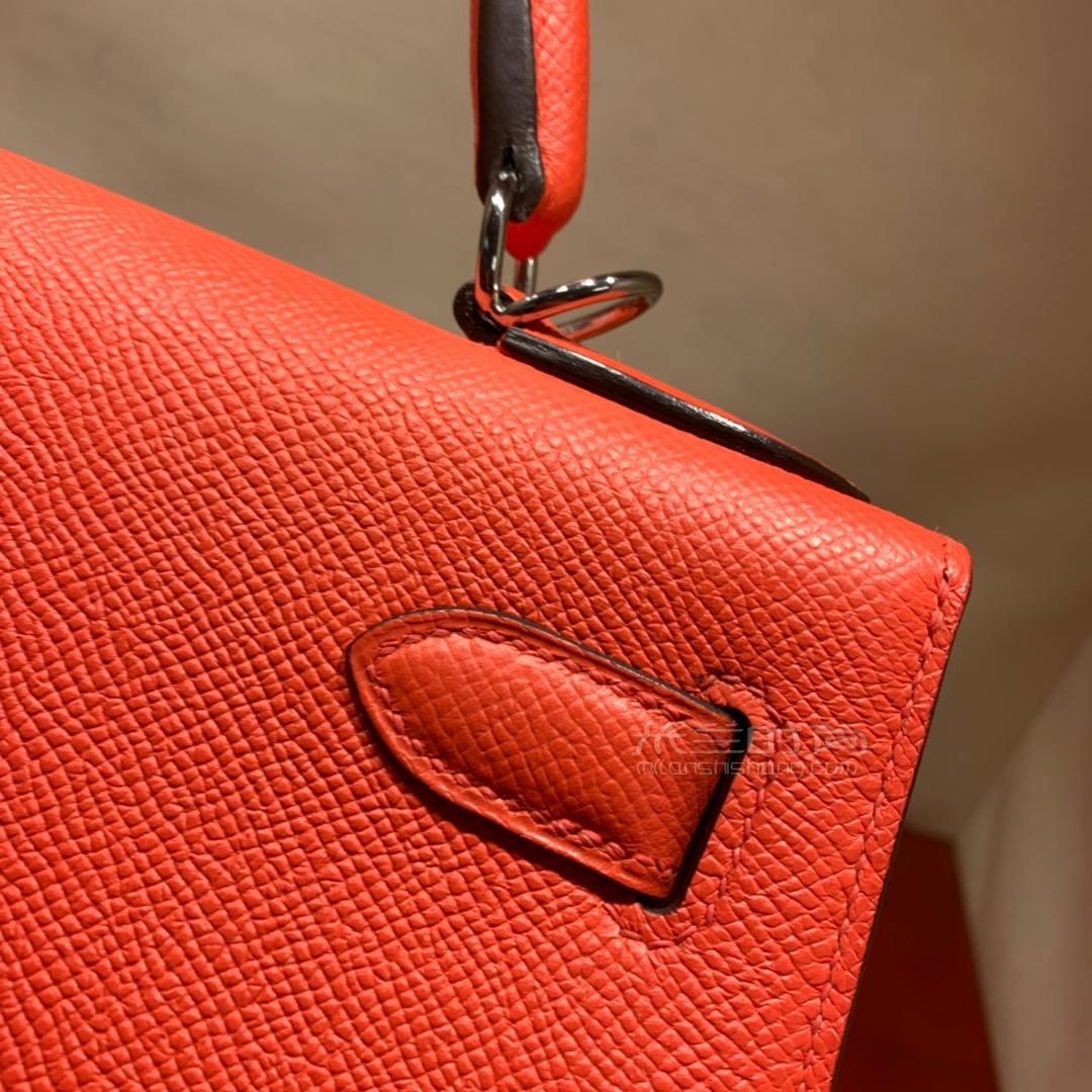 爱马仕凯莉包hermes kelly 28cm epsom t5西瓜红 金-银扣 蜜蜡线手缝