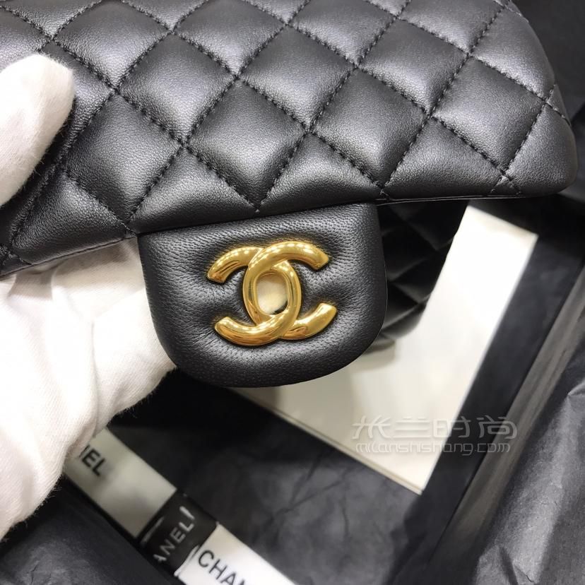 chanel香奈兒cf mini方胖子黑金羊皮鏈條包尺寸17cm 菱格方形單肩包包