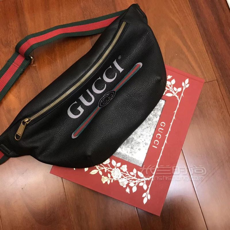 gucci古馳男女胸包print餃子包腰包493869黑色牛皮彩條斜揹包493869