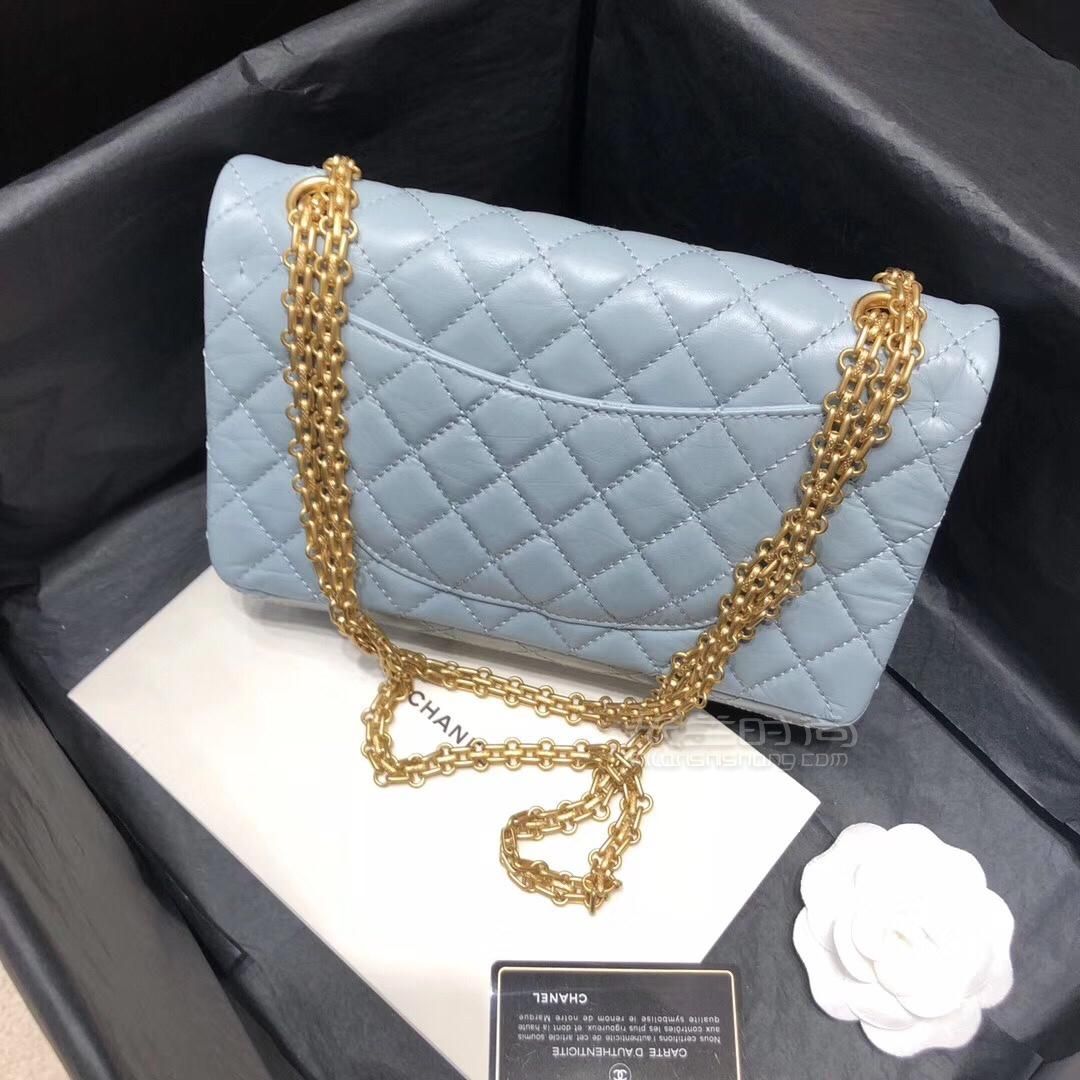 香奈兒chanel2.55復古單肩斜跨包 油蠟牛皮經典鏈條包淺藍色金色