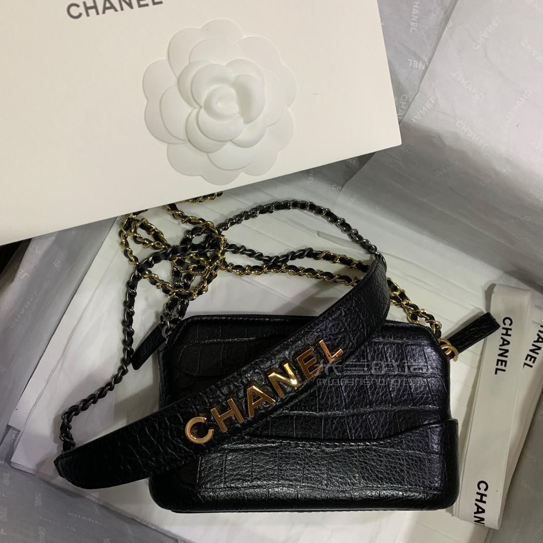 chanel香奈兒流浪包2019新款黑色鱷魚紋小牛皮gabrielle單肩mini斜挎